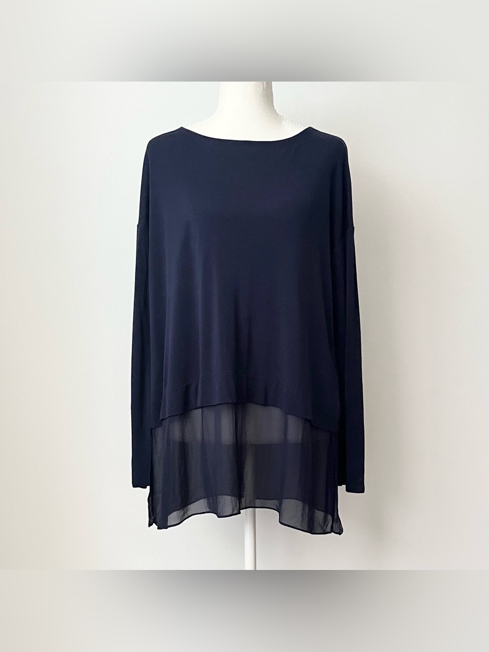 Eileen Fisher Women's 100% Silk Layered Tunic Top Size S Petite Navy Minimalist